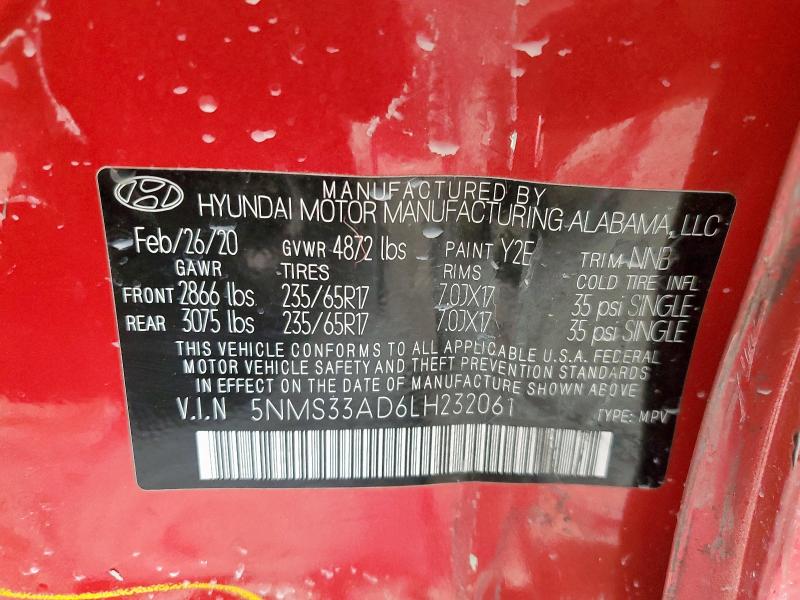 5NMS33AD6LH232061 - 2020 HYUNDAI SANTA FE SEL RED photo 13