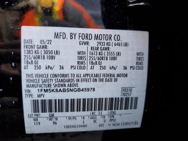 1FM5K8AB5NGB45978 - 2022 FORD EXPLORER POLICE INTERCEPTOR Սև լուսանկար 12