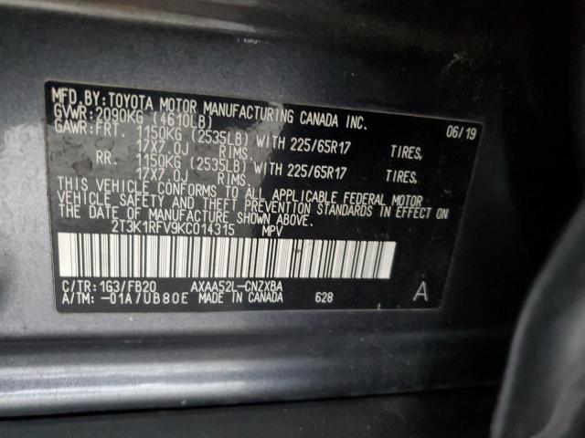 2T3K1RFV9KC014315 - 2019 TOYOTA RAV4 LE ნაცრისფერი ფოტო 14
