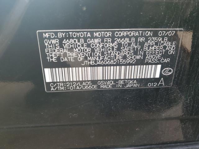 JTHBJ46G682155992 - 2008 LEXUS ES 350 BLACK photo 12