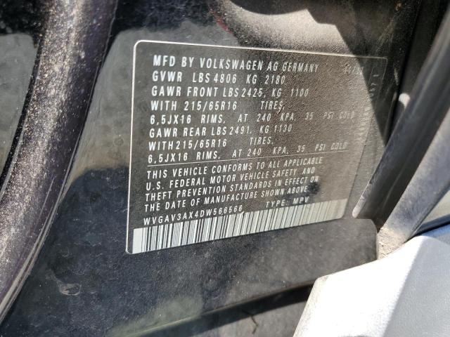 WVGAV3AX4DW566566 - 2013 VOLKSWAGEN TIGUAN S BLACK photo 13