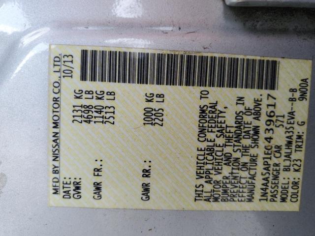 1N4AA5AP1EC439617 - 2014 NISSAN MAXIMA S SILVER photo 12