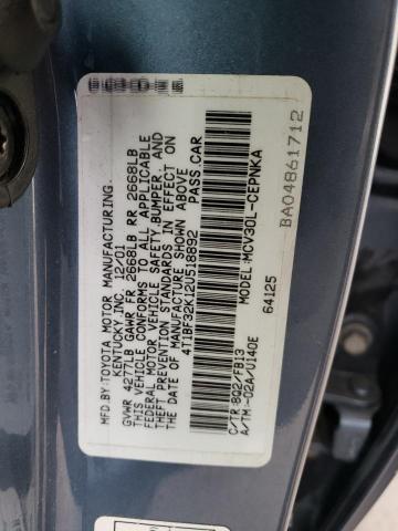 4T1BF32K12U518892 - 2002 TOYOTA CAMRY LE TEAL photo 12