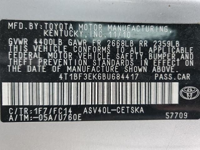 4T1BF3EK6BU684417 - 2011 TOYOTA CAMRY BASE SILVER photo 12