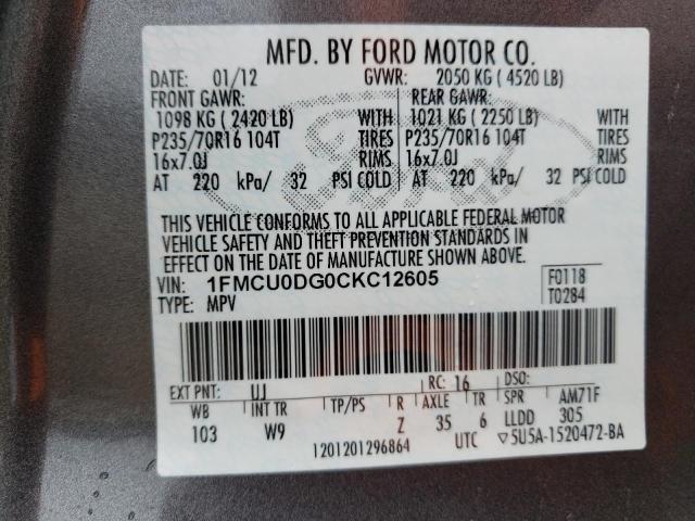 1FMCU0DG0CKC12605 - 2012 FORD ESCAPE XLT GRAY photo 13