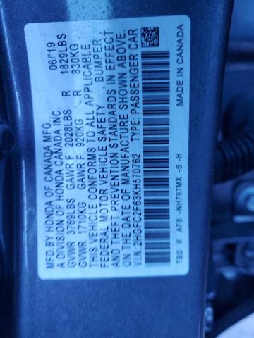 2HGFC2F63KH570762 - 2019 HONDA CIVIC LX GRAY photo 12