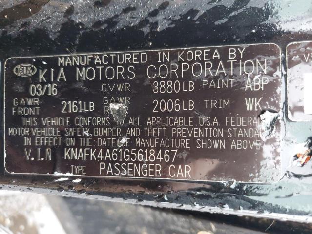 KNAFK4A61G5618467 - 2016 KIA FORTE LX BLACK photo 12