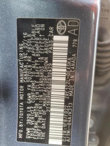 2T1BURHE6GC612429 - 2016 TOYOTA COROLLA L GRAY photo 12