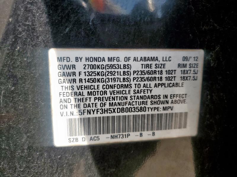 5FNYF3H5XDB003580 - 2013 HONDA PILOT EXL Negro foto 13