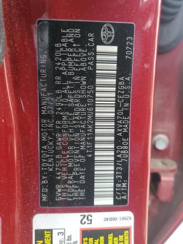 4T1F11AK2MU610750 - 2021 TOYOTA CAMRY XLE Қызыл фото 12