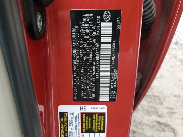 4T4BE46K49R060395 - 2009 TOYOTA CAMRY BASE RED photo 12