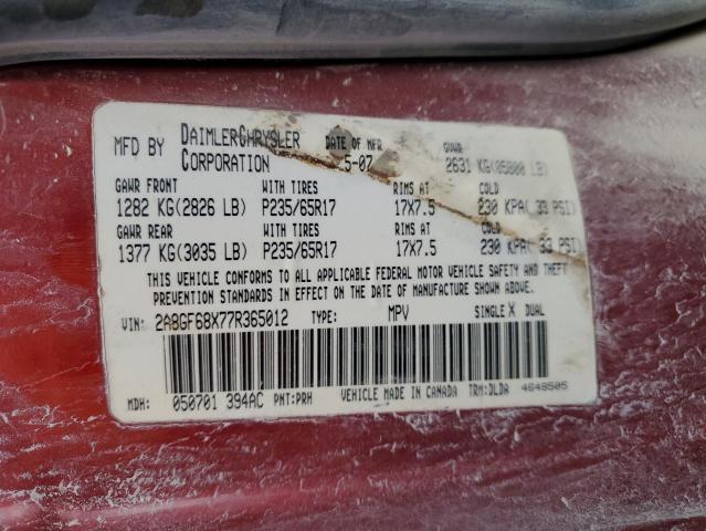 2A8GF68X77R365012 - 2007 CHRYSLER PACIFICA TOURING RED photo 13