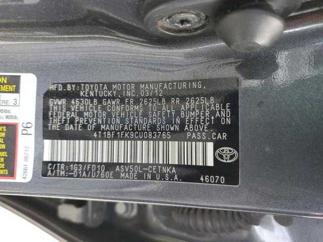 4T1BF1FK9CU083765 - 2012 TOYOTA CAMRY BASE 灰色 照片 12