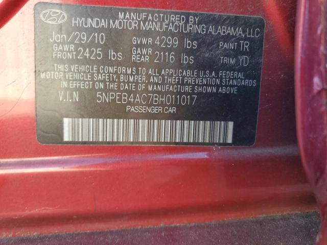 5NPEB4AC7BH011017 - 2011 HYUNDAI SONATA GLS RED photo 12