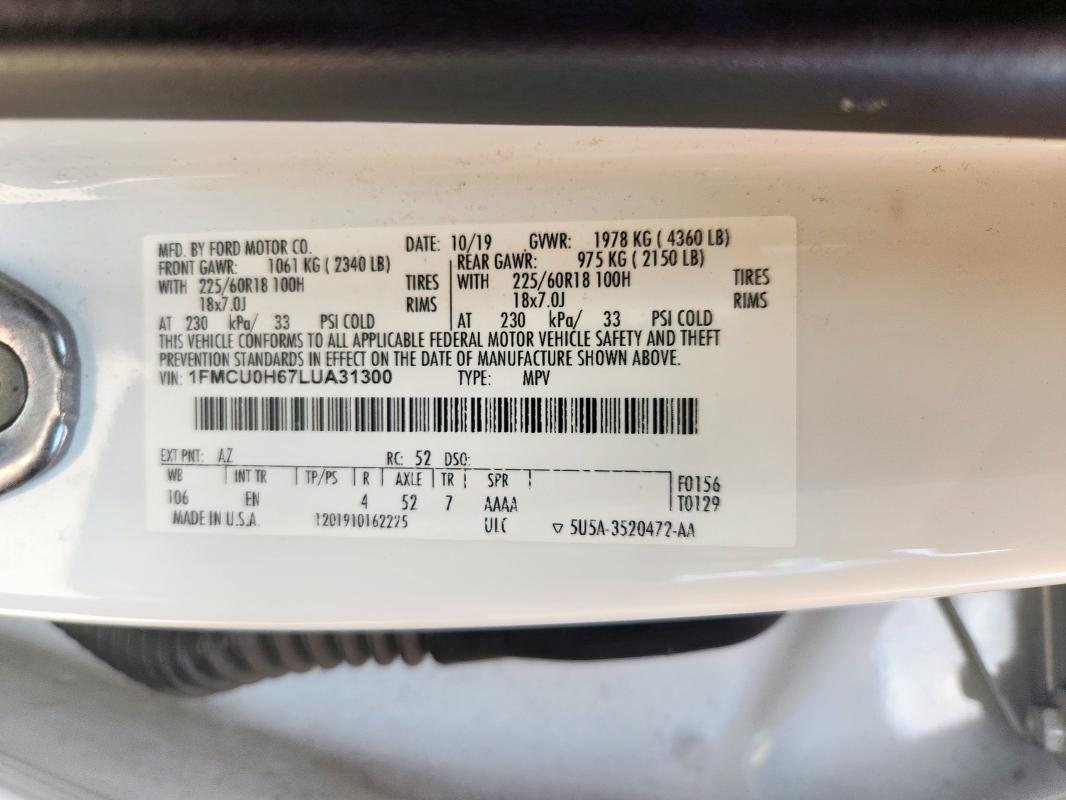 1FMCU0H67LUA31300 - 2020 FORD ESCAPE SEL WHITE photo 13