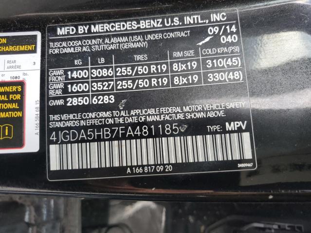 4JGDA5HB7FA481185 - 2015 MERCEDES-BENZ ML 350 4MATIC BLACK photo 13