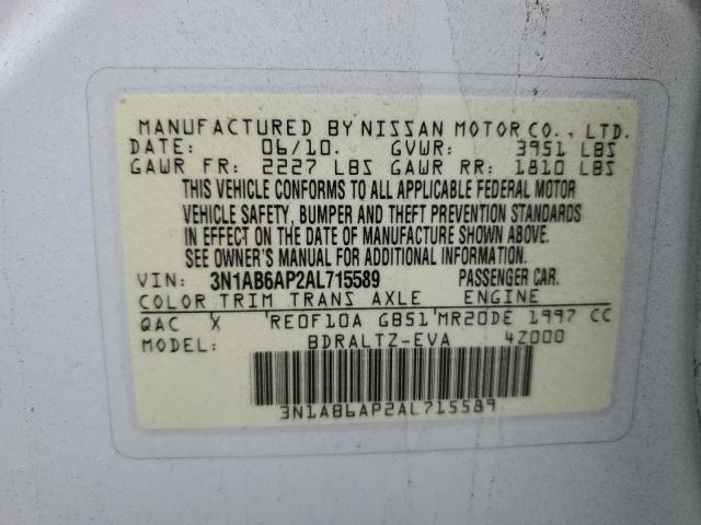 3N1AB6AP2AL715589 - 2010 NISSAN SENTRA 2.0 WHITE photo 12