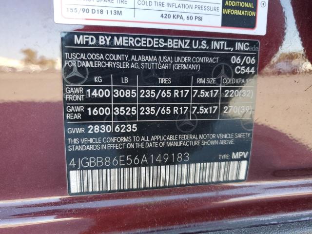 4JGBB86E56A149183 - 2006 MERCEDES-BENZ ML 350 Bordo foto 13