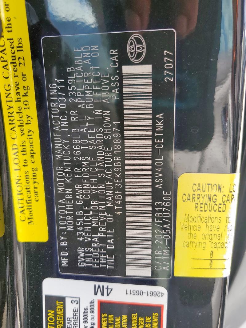 4T4BF3EK9BR188971 - 2011 TOYOTA CAMRY BASE BLACK photo 12