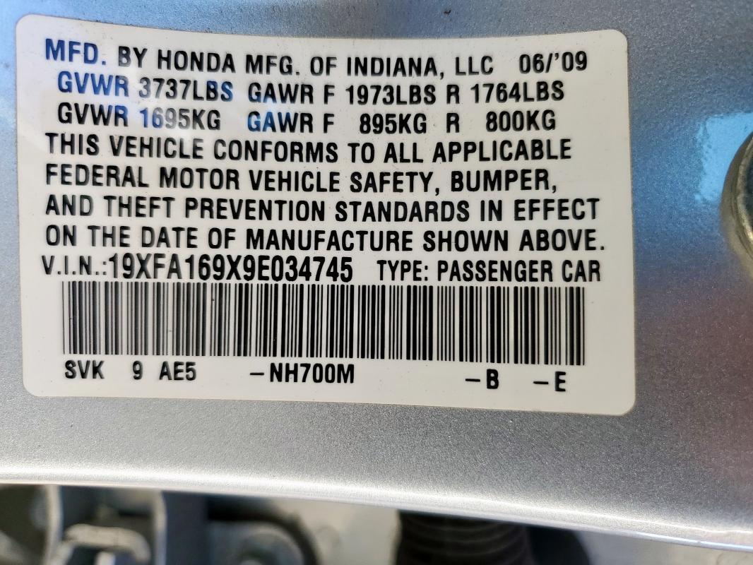 19XFA169X9E034745 - 2009 HONDA CIVIC EXL SILVER photo 13