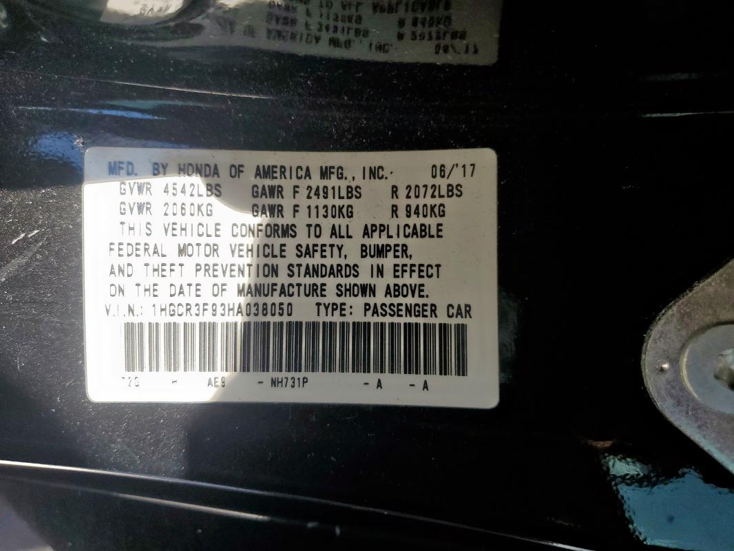 1HGCR3F93HA038050 - 2017 HONDA ACCORD TOURING BLACK photo 13