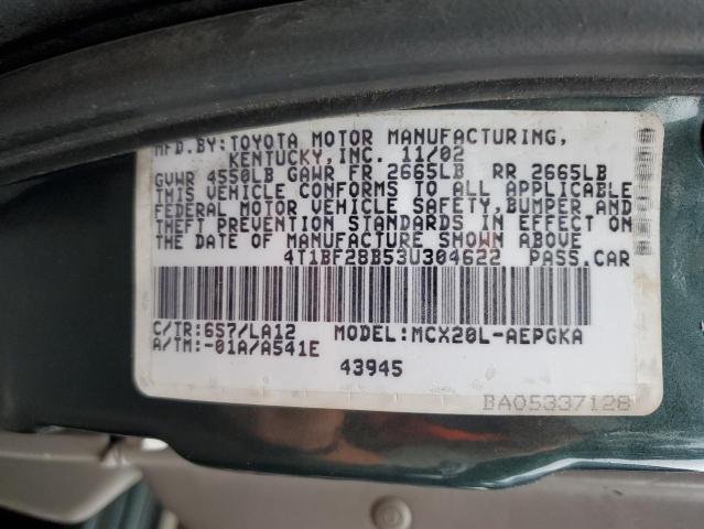 4T1BF28B53U304622 - 2003 TOYOTA AVALON XL GREEN photo 12