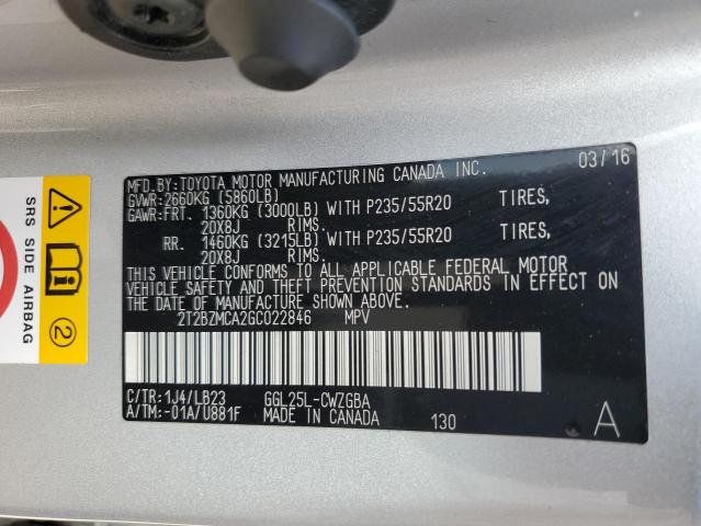 2T2BZMCA2GC022846 - 2016 LEXUS RX 350 BASE Gümüş foto 13