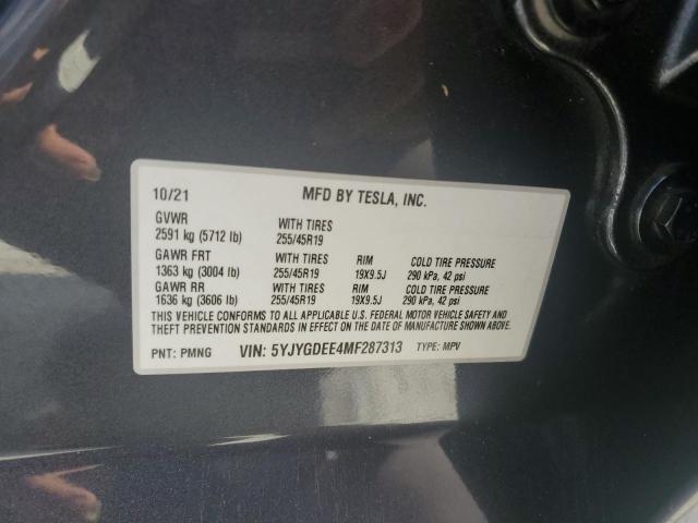 5YJYGDEE4MF287313 - 2021 TESLA MODEL Y Mavi fotoğraf 12