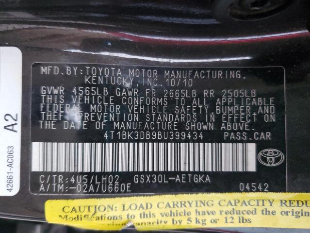 4T1BK3DB9BU399434 - 2011 TOYOTA AVALON BASE Schwarz Foto 12