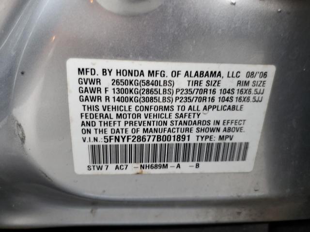 5FNYF28677B001891 - 2007 HONDA PILOT EXL SILVER photo 12