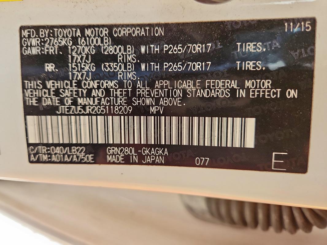 JTEZU5JR2G5118209 - 2016 TOYOTA 4RUNNER SR5 WHITE photo 13