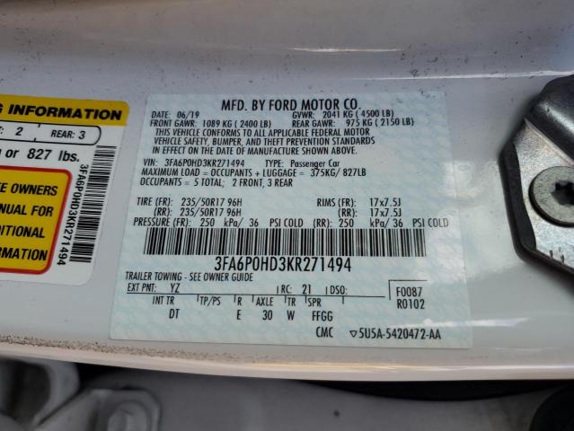 3FA6P0HD3KR271494 - 2019 FORD FUSION SE Weiß Foto 12