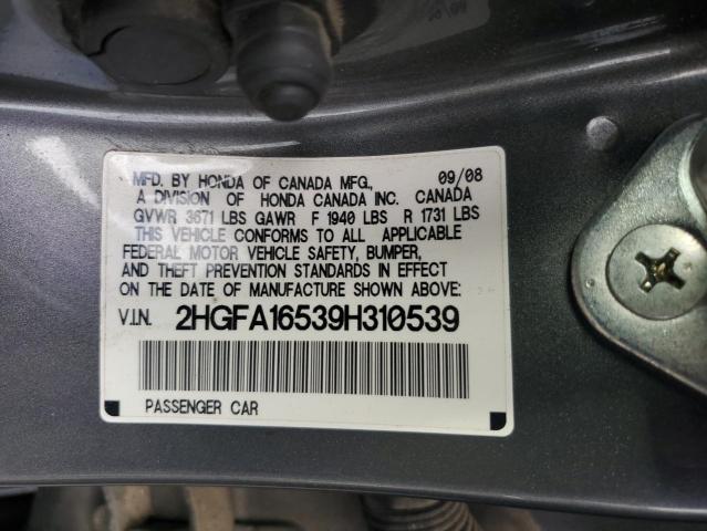 2HGFA16539H310539 - 2009 HONDA CIVIC LX GRAY photo 12