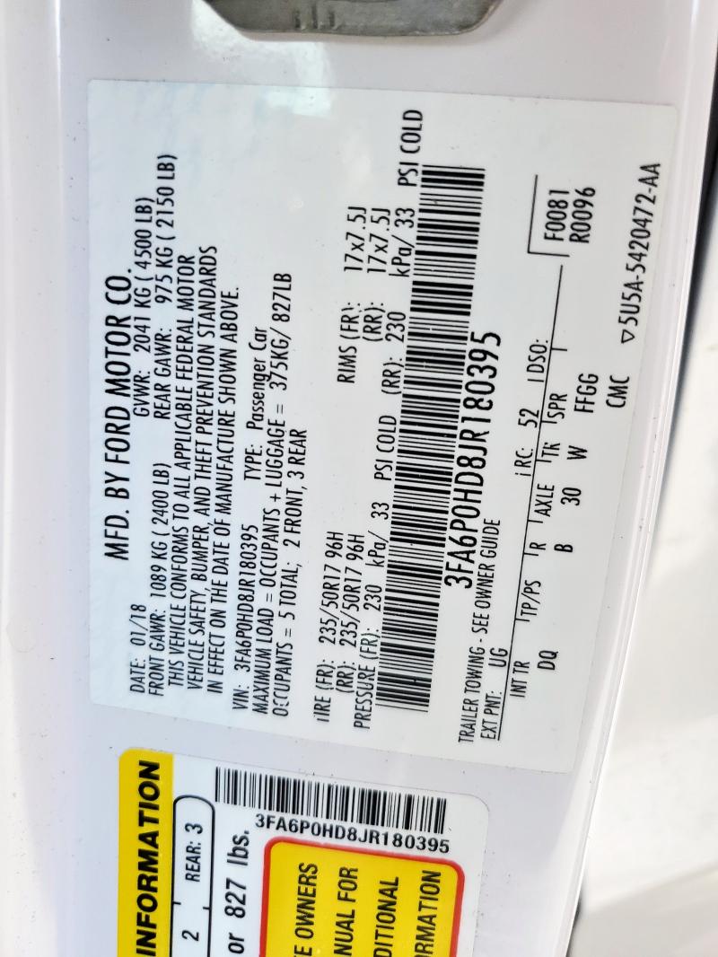 3FA6P0HD8JR180395 - 2018 FORD FUSION SE WHITE photo 13