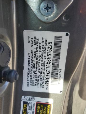 2HGFG116X6H516225 - 2006 HONDA CIVIC LX ნაცრისფერი ფოტო 12