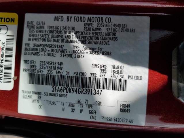 3FA6P0K94GR391347 - 2016 FORD FUSION TITANIUM RED photo 12