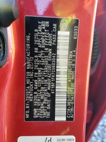 4T1BF1FK7CU603042 - 2012 TOYOTA CAMRY BASE RED photo 12