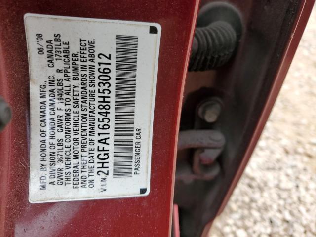 2HGFA16548H530612 - 2008 HONDA CIVIC LX RED photo 12