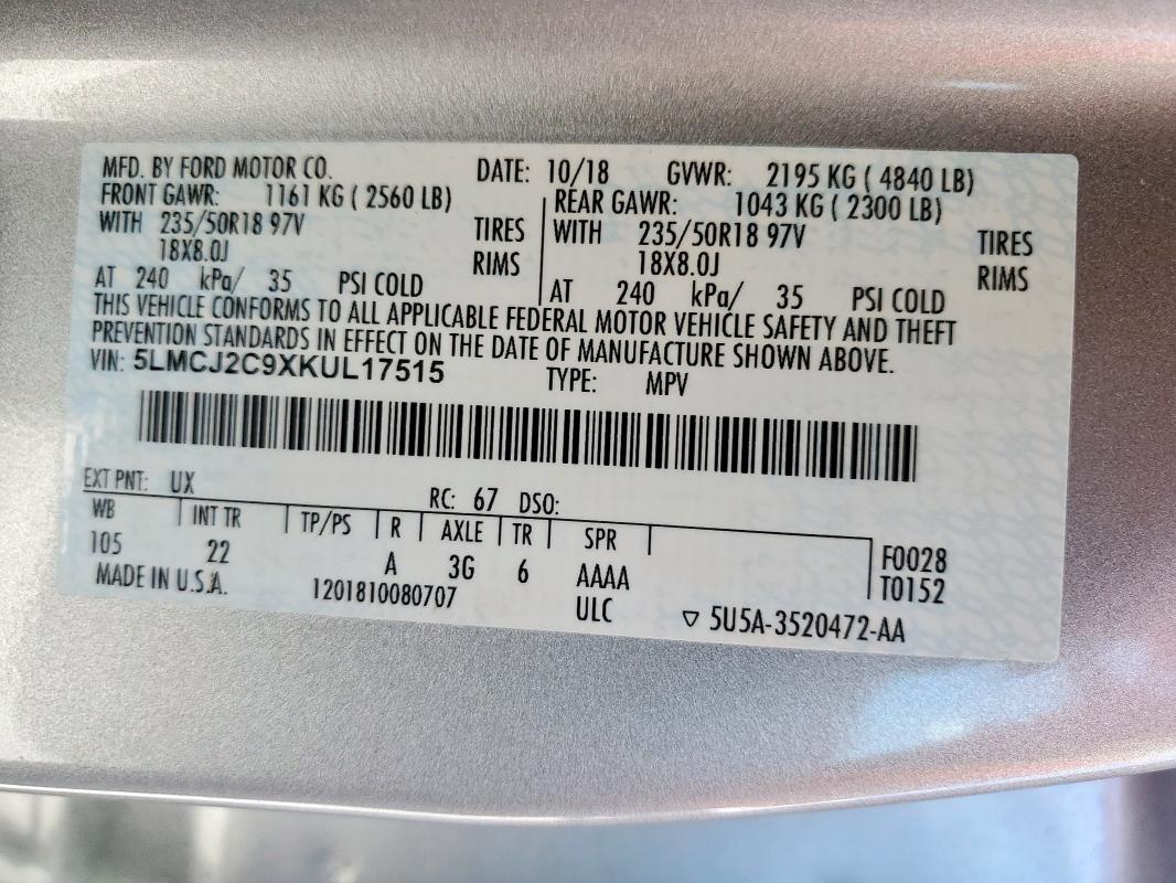 5LMCJ2C9XKUL17515 - 2019 LINCOLN MKC SELECT Gümüş foto 13