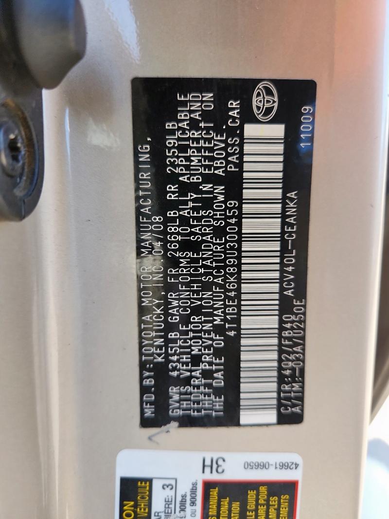 4T1BE46K89U300459 - 2009 TOYOTA CAMRY BASE GOLD photo 12