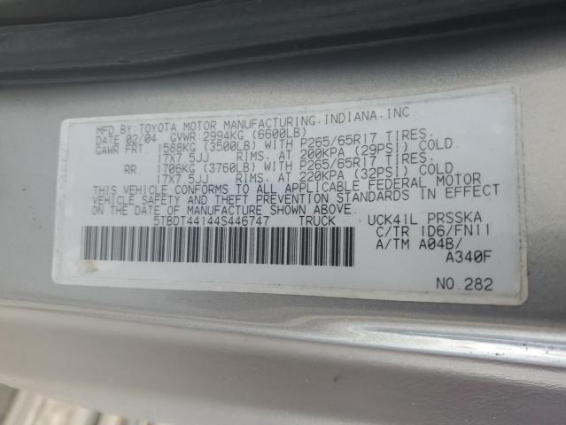 5TBDT44144S446747 - 2004 TOYOTA TUNDRA DOUBLE CAB SR5 SILVER photo 12