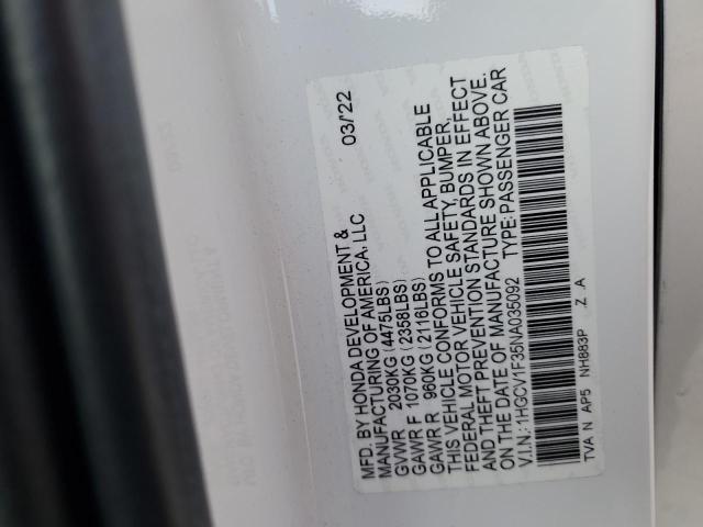 1HGCV1F35NA035092 - 2022 HONDA ACCORD SPORT თეთრი ფოტო 12