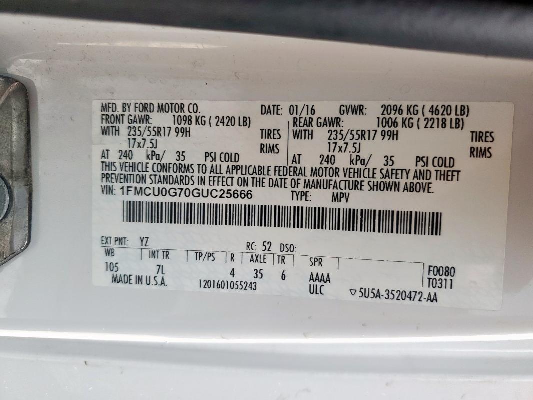 1FMCU0G70GUC25666 - 2016 FORD ESCAPE SE 白色 照片 13