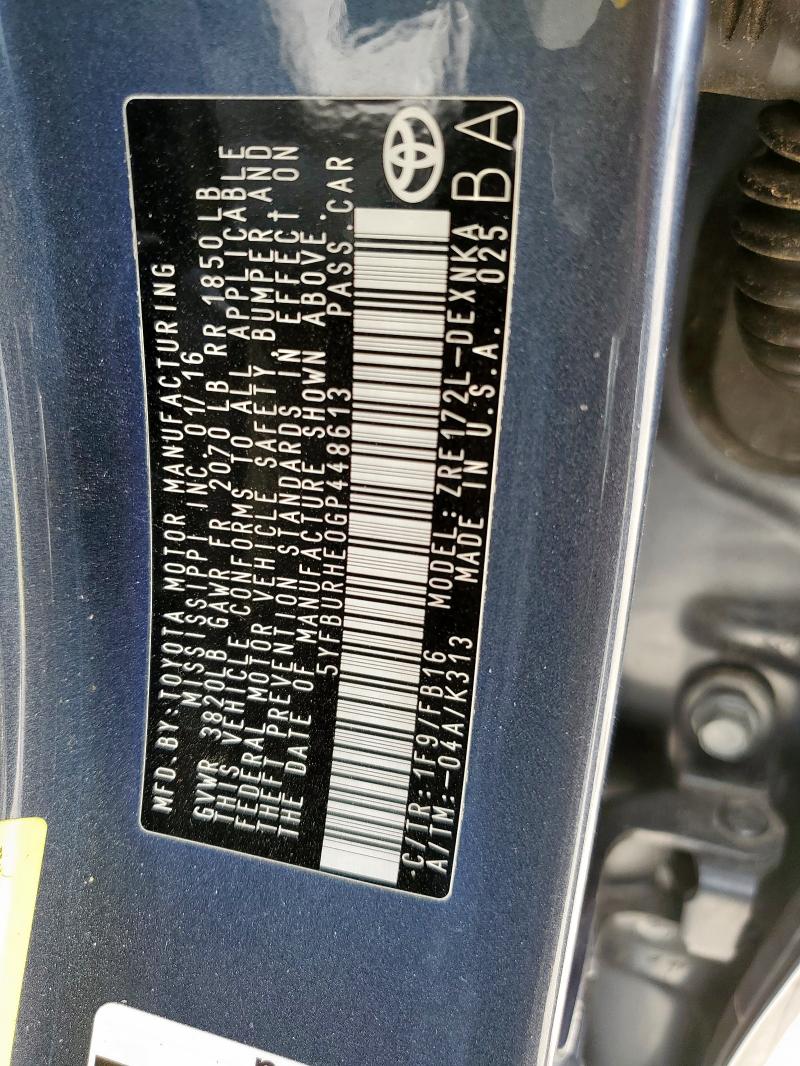 5YFBURHE0GP448613 - 2016 TOYOTA COROLLA L BLUE photo 13