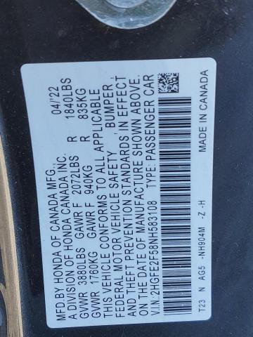 2HGFE2F58NH583108 - 2022 HONDA CIVIC SPORT GRAY photo 12