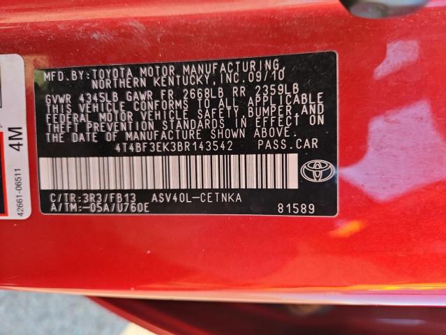 4T4BF3EK3BR143542 - 2011 TOYOTA CAMRY BASE أحمر صورة 13
