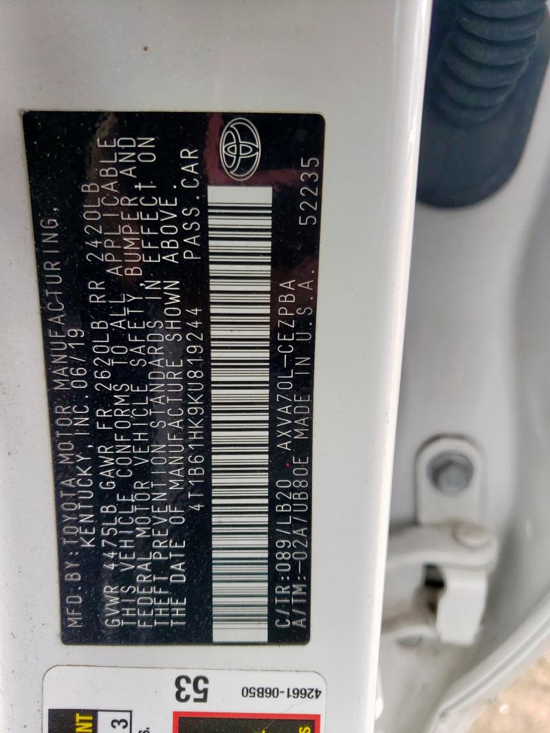 4T1B61HK9KU819244 - 2019 TOYOTA CAMRY XSE Սպիտակ լուսանկար 12