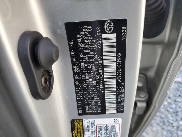 4T1BE32K54U324078 - 2004 TOYOTA CAMRY LE SILVER photo 12