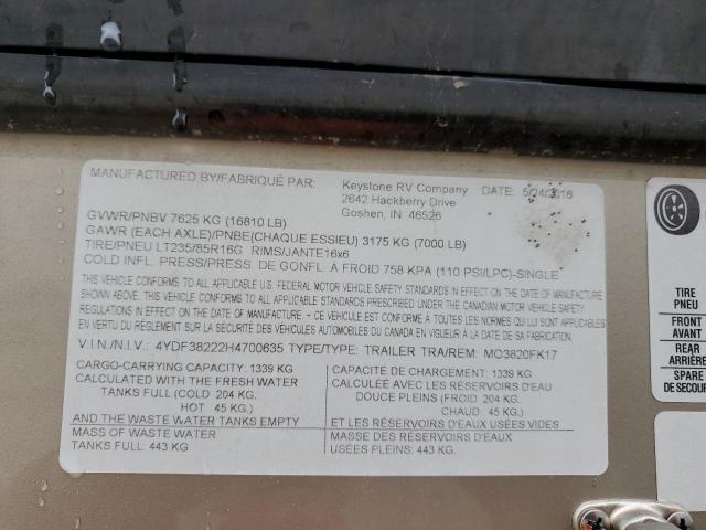 4YDF38222H4700635 - 2017 KEYSTONE MONTANA 米色 照片 10