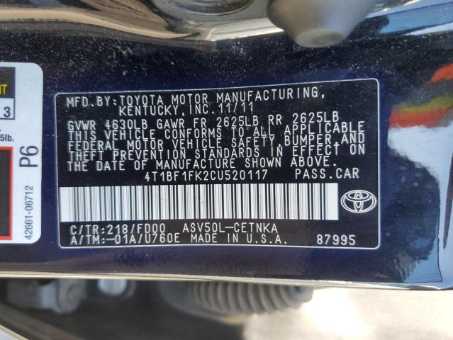 4T1BF1FK2CU520117 - 2012 TOYOTA CAMRY BASE BLACK photo 12